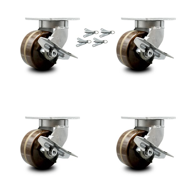 6 Inch Heavy Duty High Temp Phenolic Caster with Brakes and Swivel Locks, 4PK